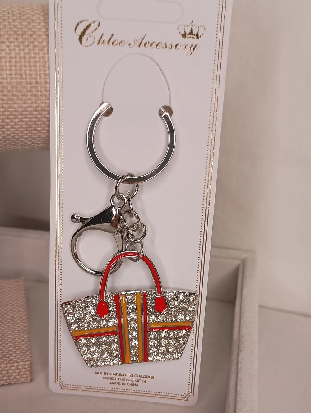 Women's Rhinestone Orange Handbag Purse Keychain | SILVER Tone Bag Charm Orange